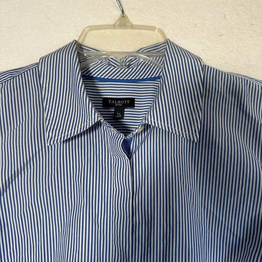 Talbots Petites Blue White Striped Button Down Shirt Long Sleeve LP Cotton Blend - Picture 2 of 7